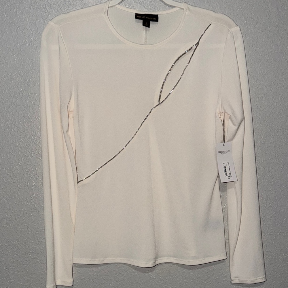 Kasper Cream Long Sleeve Top with Beaded Design